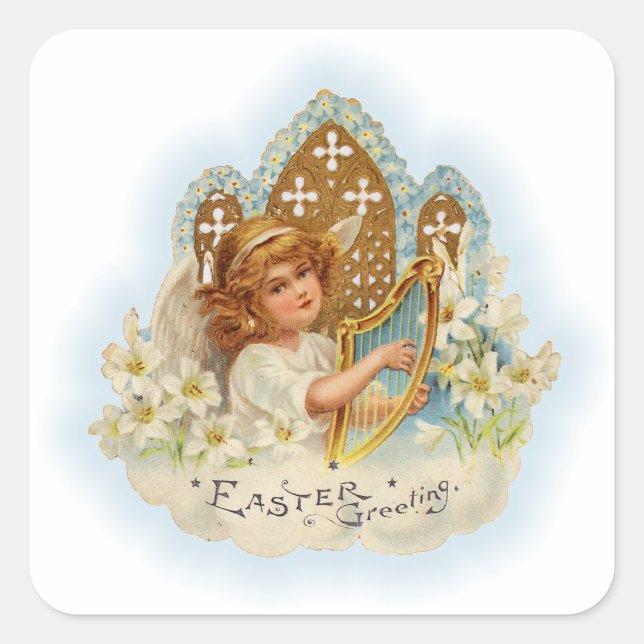 Pegatina Cuadrada Vintage Easter Greetings Angel (Anverso)