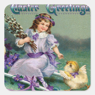 Pegatina Cuadrada Vintage Easter Greetings Chica Egg Chick Carriage