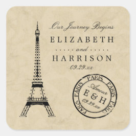 Pegatina Cuadrada Vintage Eiffel Tower Paris Postmark Wedding Favor