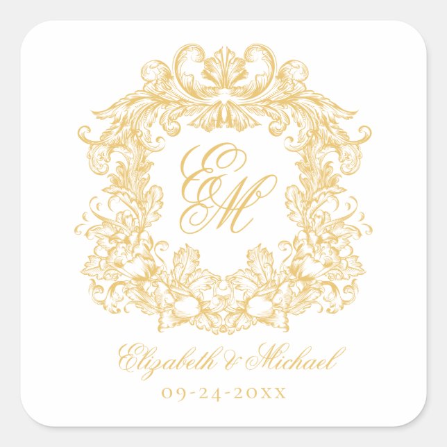 Pegatina Cuadrada Vintage Elegant Wedding Monogram Crest Gold (Anverso)