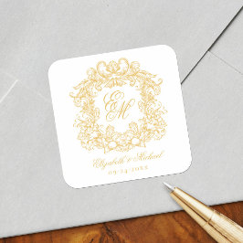 Pegatina Cuadrada Vintage Elegant Wedding Monogram Crest Gold