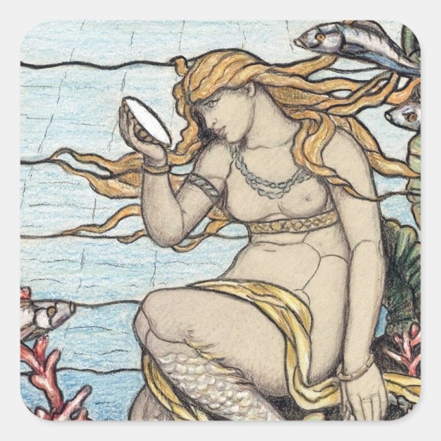 Pegatina Cuadrada Vintage Elihu Vedder Mermaid Vidrio Manchado (Anverso)