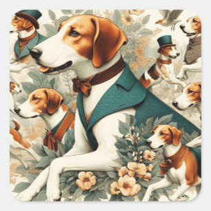Pegatina Cuadrada Vintage English Foxhound Seamless Ilustracion