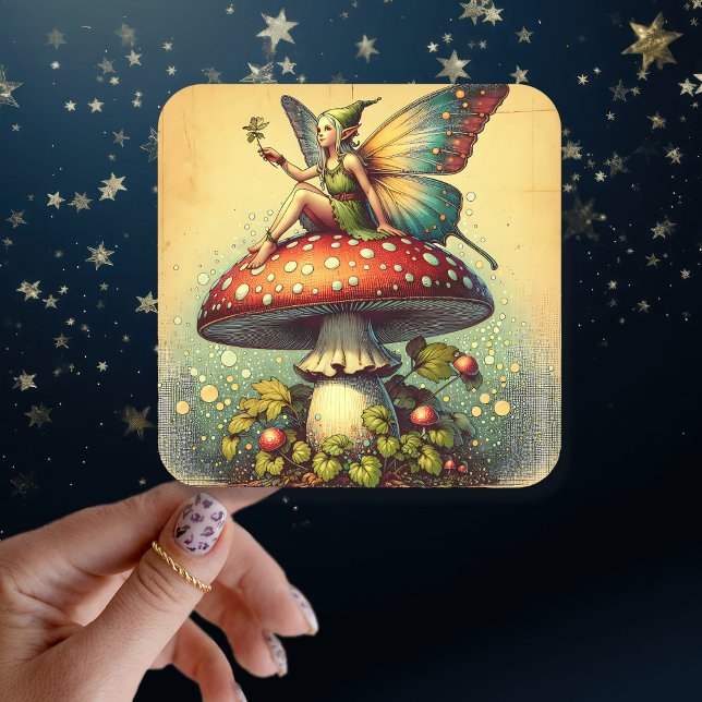 Pegatina Cuadrada Vintage Fairy y Mushrooms (Subido por el creador)
