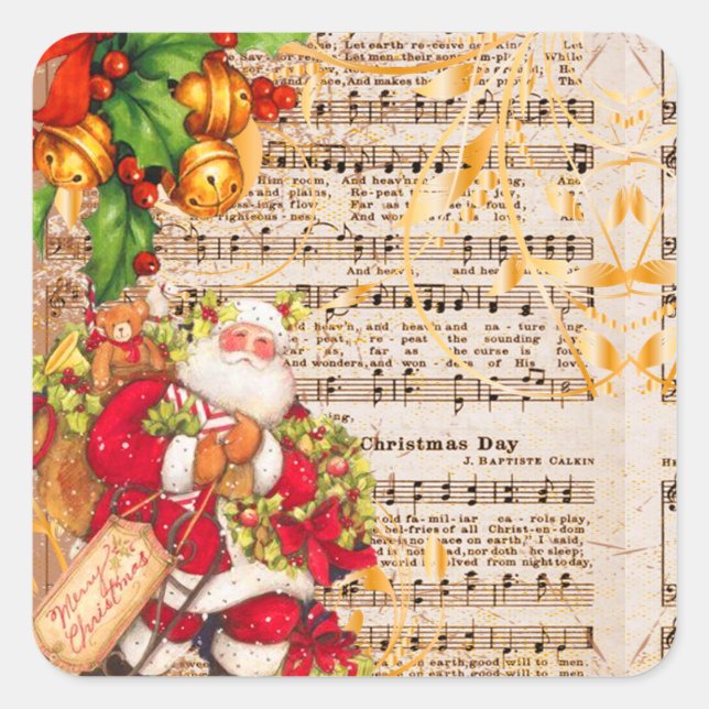 Pegatina Cuadrada Vintage Father Christmas and Navidades Carols (Anverso)