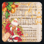 Pegatina Cuadrada Vintage Father Christmas and Navidades Carols<br><div class="desc">Una encantadora y tradicional pegatina navideña con partituras victorianas con villancicos de Navidad y el encantador y anticuado Santa Claus (o Papá Noel) en la esquina,  con hojas huecas,  bayas rojas y campanas encima de él.</div>