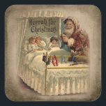 Pegatina Cuadrada Vintage Father Christmas with Sleeping Children<br><div class="desc">Nostálgica portada de libros antiguos titulada Hurrah para Navidades que presentaban el viejo mundo Padre Navidad llenando las medias de niños durmiendo en un contexto sepia angustiado.</div>