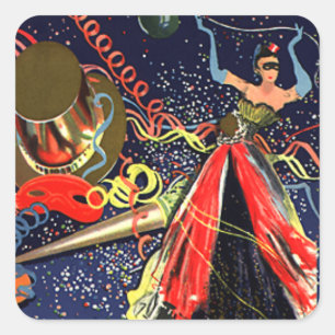 Pegatina Cuadrada Vintage Feliz Año Nuevo Fiesta con Confetti