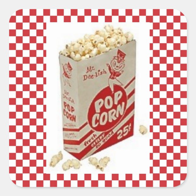 Pegatina Cuadrada Vintage Fifties Pop Corn Red Check Stickers (Anverso)
