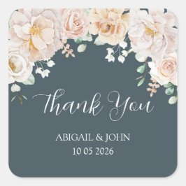 Pegatina Cuadrada Vintage Floral Blue Thank You Wedding Favor Tag