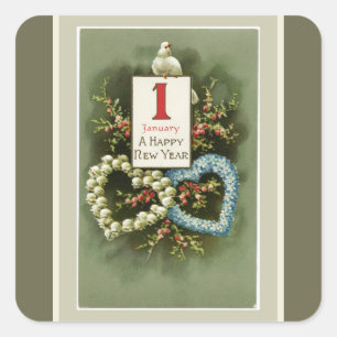 Pegatina Cuadrada Vintage Floral Hearts and Dove Happy New Year