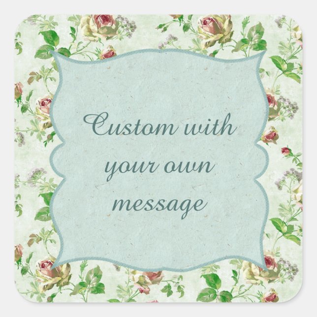 Pegatina Cuadrada Vintage Floral Pattern Pink Roses Custom Message (Anverso)