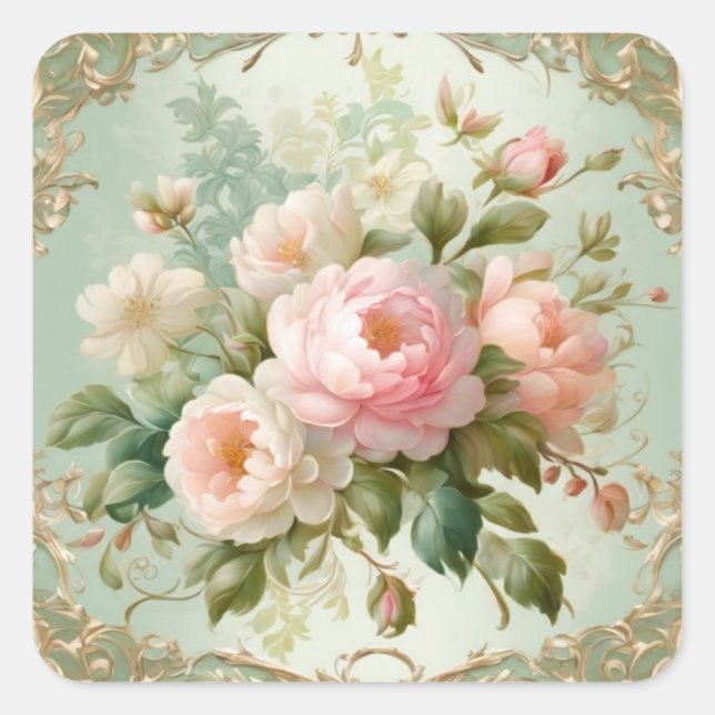 Pegatina Cuadrada Vintage Floral PInk Roses Elegante (Anverso)