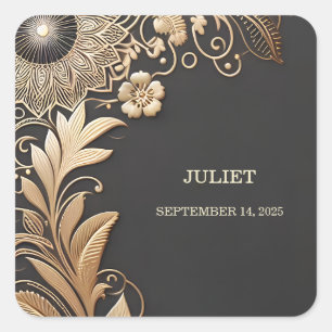 Pegatina Cuadrada Vintage Floral Relieve metalizado dorado Grabado e