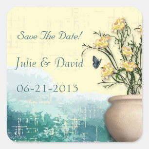 Pegatina Cuadrada Vintage Flower Pot & Butterfly Save the Date