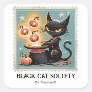 Pegatina Cuadrada Vintage Gato Negro Halloween