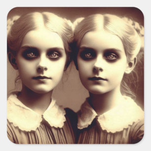Pegatina Cuadrada Vintage Gemelos Idénticos Spooky Antiguo