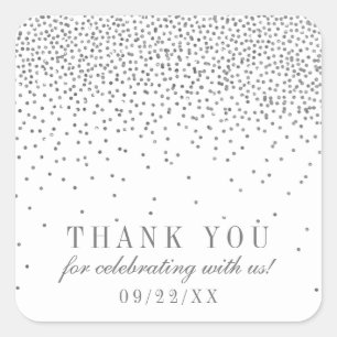 Pegatina Cuadrada Vintage Glam Silver Confetti Boda Gracias
