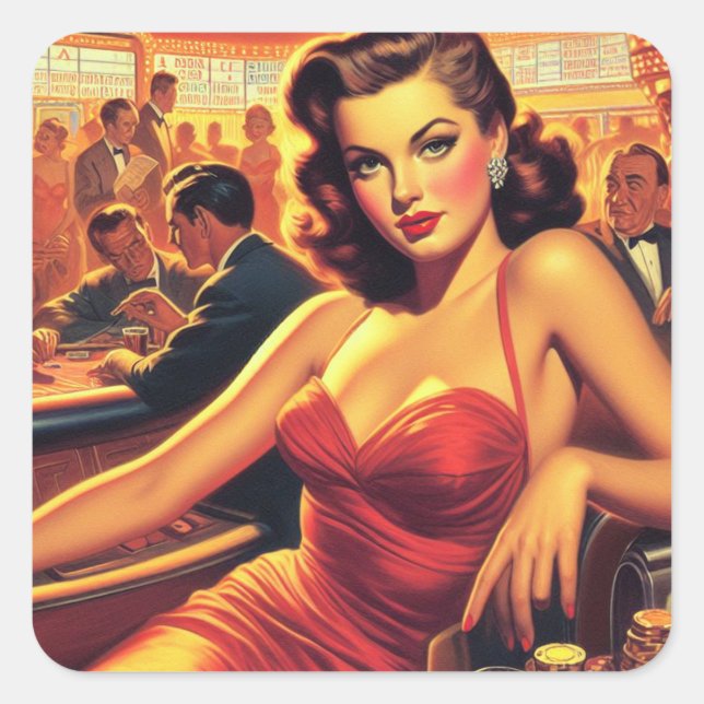 Pegatina Cuadrada Vintage Glamour Chica Vestido Rojo (Anverso)