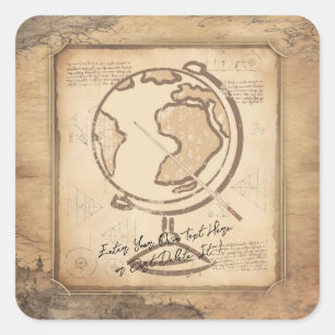 Pegatina Cuadrada Vintage Globe. Regalo de profesores de geografía e
