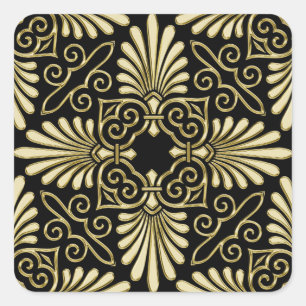 Pegatina Cuadrada Vintage Gold Black Damask Art Deco Fan