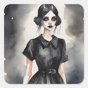 Pegatina Cuadrada Vintage Gothic LBD Vestido Ilustracion Arte
