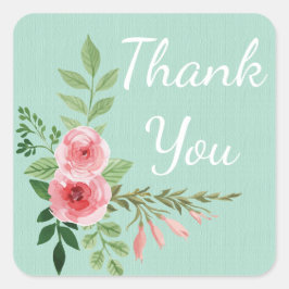 Pegatina Cuadrada Vintage Gracias Pink Floral Watercolor Mint
