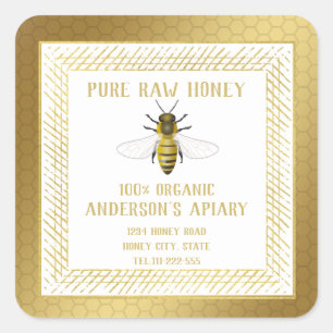 Pegatina Cuadrada Vintage Granja de abejas/colmenas/abejas de oro de