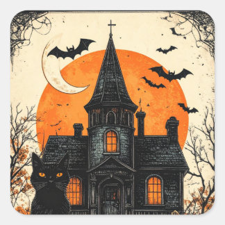Pegatina Cuadrada Vintage Halloween Casa Embrujada