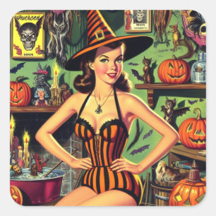 Pegatina Cuadrada Vintage Halloween Cute Witch Pinup