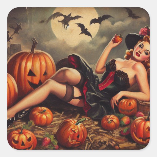 Pegatina Cuadrada Vintage Halloween Pin Up (Anverso)