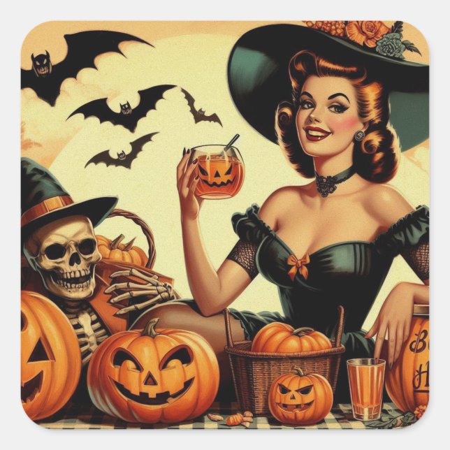Pegatina Cuadrada Vintage Halloween Pin Up (Anverso)
