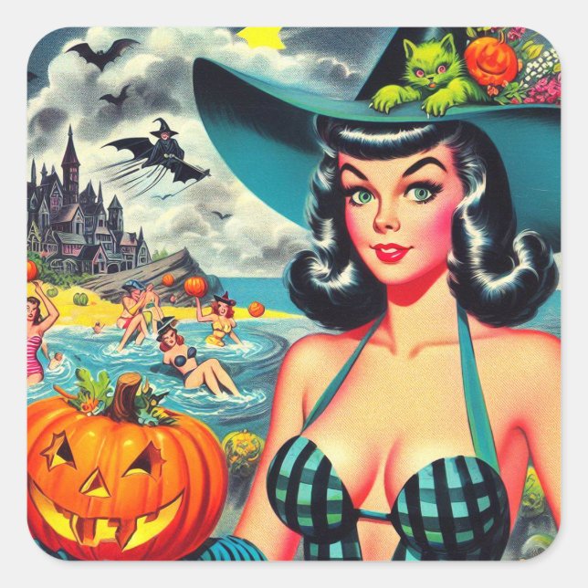 Pegatina Cuadrada Vintage Halloween Pin-up (Anverso)