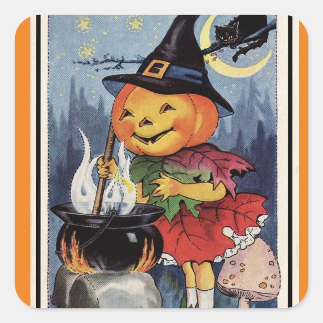 Pegatina Cuadrada Vintage Halloween Pumpkin Witch Chica (Anverso)