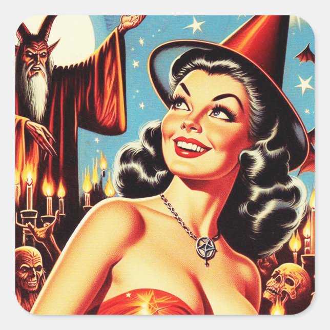 Pegatina Cuadrada Vintage Halloween Witch Pin up (Anverso)