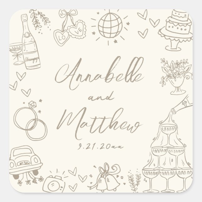 Pegatina Cuadrada Vintage Hand Drawn Whimsical Wedding (Anverso)