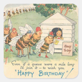 Pegatina Cuadrada Vintage Happy Bee Birday
