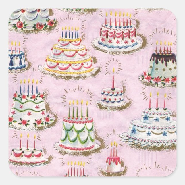 Pegatina Cuadrada Vintage Happy Birday Cakes (Anverso)