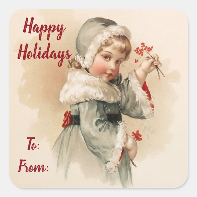 Pegatina Cuadrada Vintage Happy Holidays (Anverso)