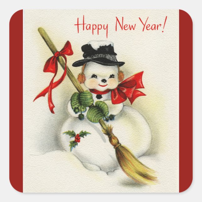 Pegatina Cuadrada Vintage Happy New Year Snowman Red (Anverso)