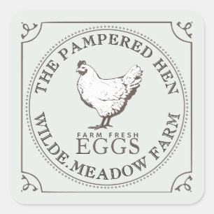 Pegatina Cuadrada VINTAGE HEN GRANJA HUEVO FRESCO Marco verde pálido