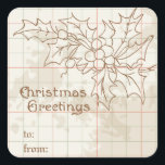 Pegatina Cuadrada Vintage Holly and Berries Personalizado Christmas<br><div class="desc">Las tarjetas, regalos y artículos horneados de tus Navidades serán especiales con estos personalizados pegatinas navideños de Feliz Navidad que presentan un ilustracion de bayas holly inspirado en la cosecha y el texto - Saludos de Navidad escritos con letra vintage. La mayoría de los elementos de diseño se pueden redimensionar,...</div>