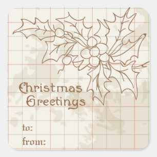 Pegatina Cuadrada Vintage Holly and Berries Personalizado Christmas