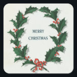 Pegatina Cuadrada Vintage Holly Wreath Merry Christmas<br><div class="desc">Vintage Feliz Navidad Holly Wreath Ilustraciones cuadrados (Frank Buttolph,  1905).</div>