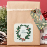 Pegatina Cuadrada Vintage Holly Wreath Merry Christmas<br><div class="desc">Vintage Feliz Navidad Holly Wreath Ilustraciones cuadrados (Frank Buttolph,  1905).</div>