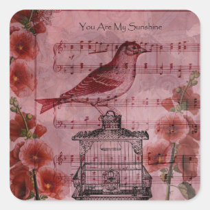 Pegatina Cuadrada Vintage Hollyhock Song Bird