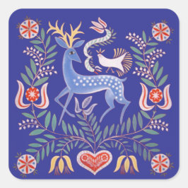 Pegatina Cuadrada vintage Hungarian Folk Art Deer and Flowers