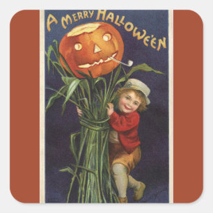 Pegatina Cuadrada Vintage Jack-o-Lantern Cornstalk y Boy Halloween