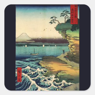 Pegatina Cuadrada Vintage japonés Ukiyo-e Mt. Fuji 房州保田ノ海岸