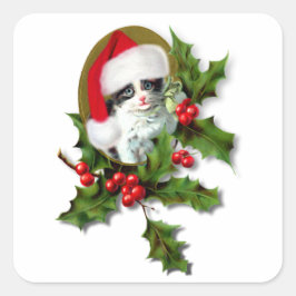 Pegatina Cuadrada Vintage Kitten Navidades